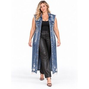 Veveret Distressed Long Denim Vest 1XL Sleeveless Jean Jacket Ripped Frayed Blue